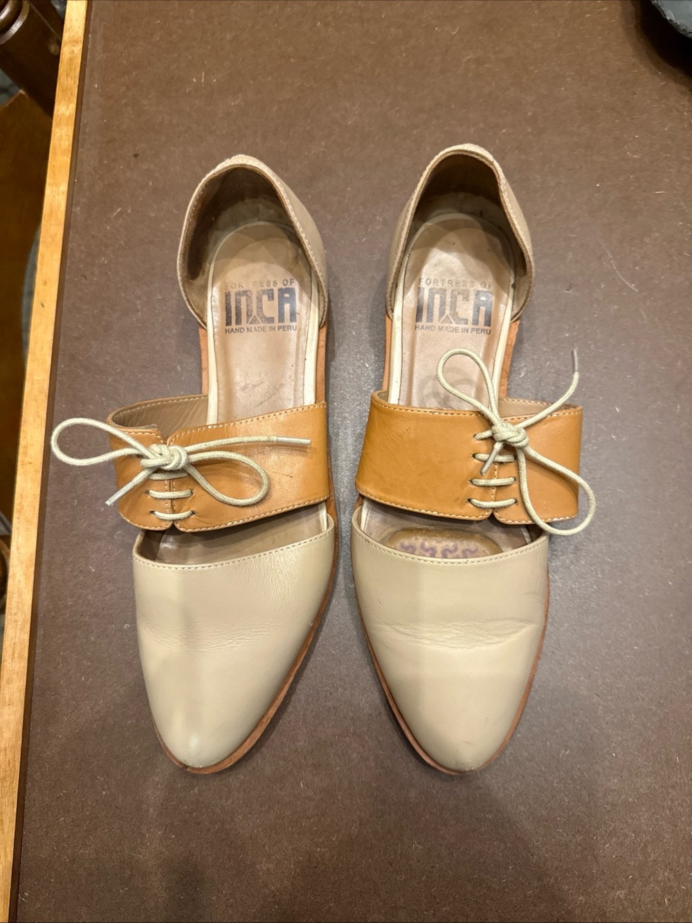 Fortress of Inca handmade Women's Two-Tone Beige and Tan Leather Lace-Up Flats